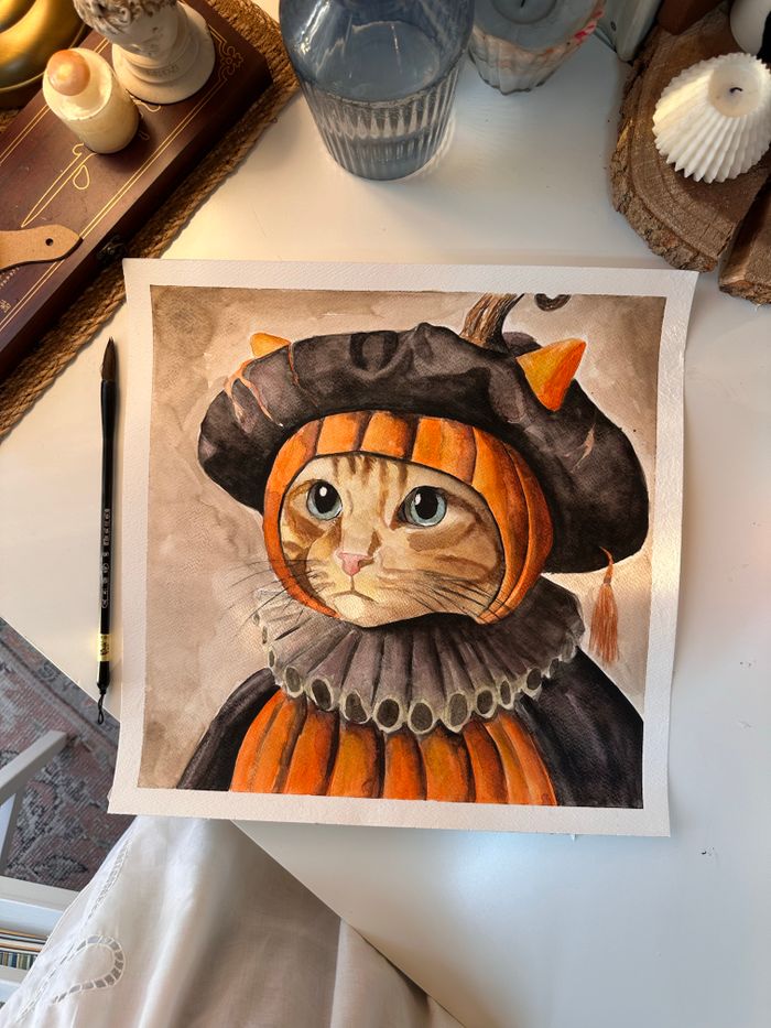 Charming watercolor painting of a cat dressed in a Renaissance outfit.